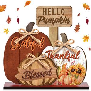 Leinuosen Hello Pumpkin Fall Decor Blessed Grateful Thankful Thanksgiving Decor Farmhouse Pumpkin Table Centerpieces Standing Wooden Block Sign for Home Kitchen Decorations(Brown,White,Orange,Cute)