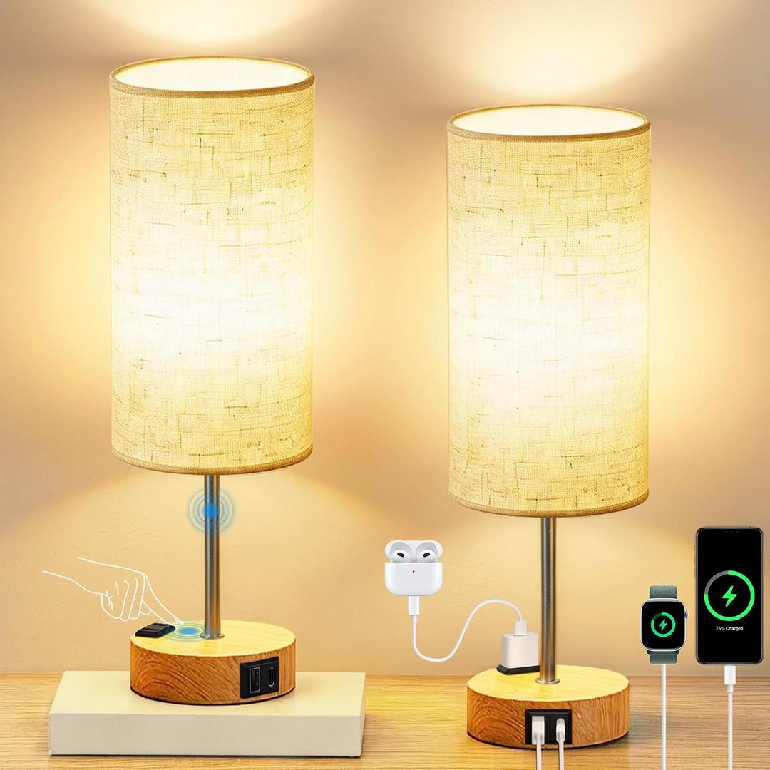 2-Pack Table Lamps, High-Sensitivity Touch, 3-Level Dimmable Bedside Lamp with AC Outlet | USB | and USB-C, Ideal Nightstand Lamps for Bedroom, Reading (2PCS, Warm&Wooden)