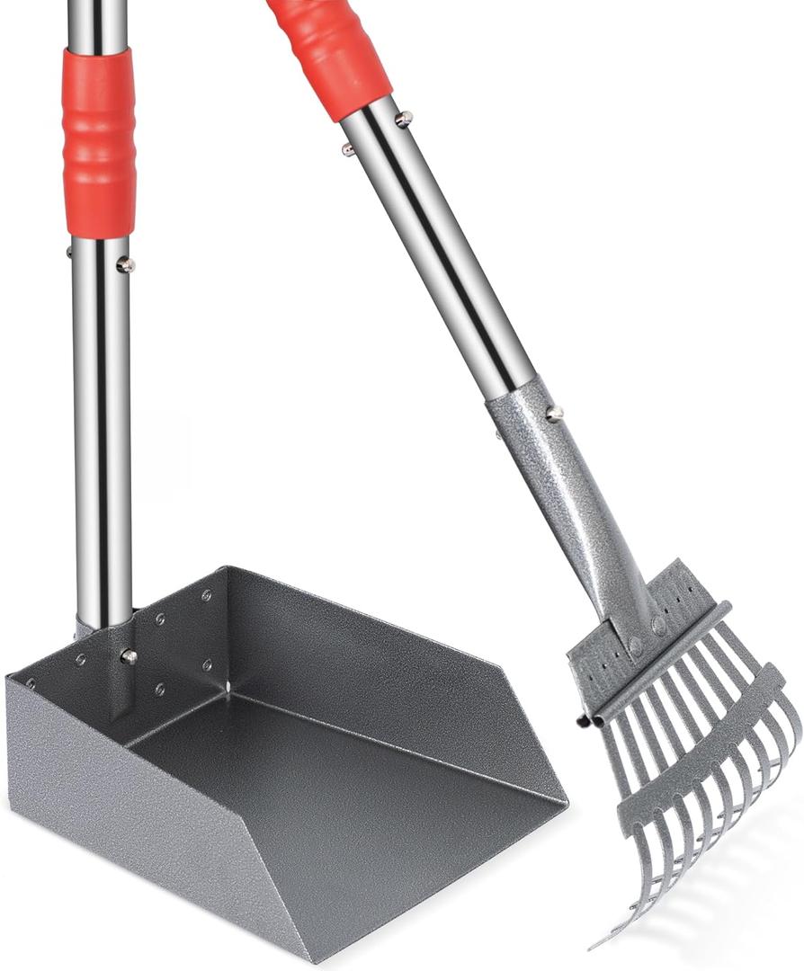 Heeyoo Dog Pooper Scooper, Dog Poop Tray and Rake Set, Pet Waste Removal Scoop with Long Adjustable Sectional Stainless Handles (Silver/Red)