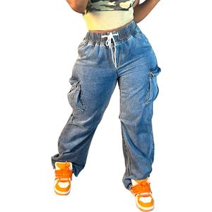 Mid Rise Cargo Jeans Women Elastic Waist Stretch Wide Leg Denim Pants with Pockets Baggy Streetwear Pants y2k (Large, Blue)