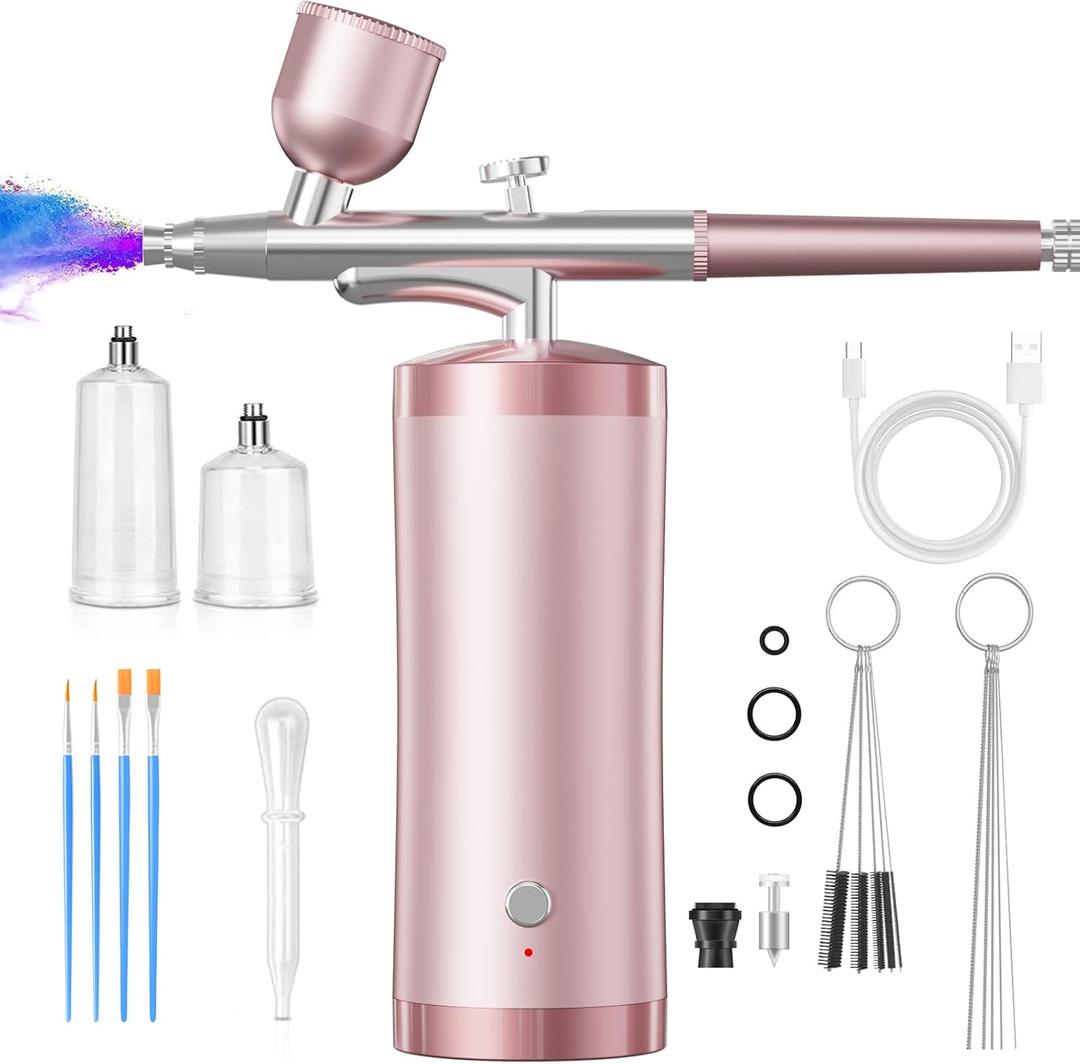Airbrush Kit With Compressor 48PSI Rechargeable High Pressure Air Brush Set Cordless Airbrush Kit with 0.3mm Nozzle for Painting, Nail Art, Cake Decor, Makeup, Modeling (Pink)