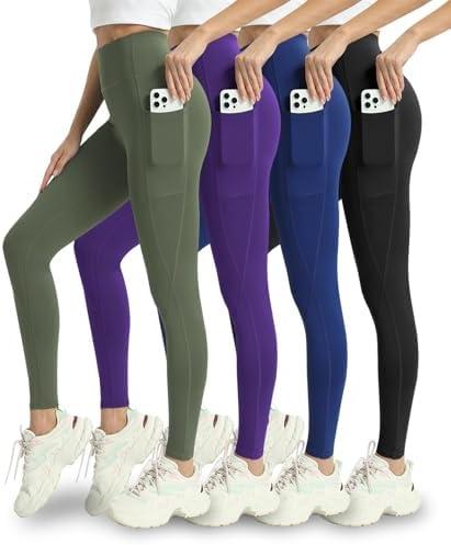 Mlenhor 4 Pack Leggings with Pockets for Women - Soft High Waisted Tummy Control Workout Yoga Pants, Size: 1XL