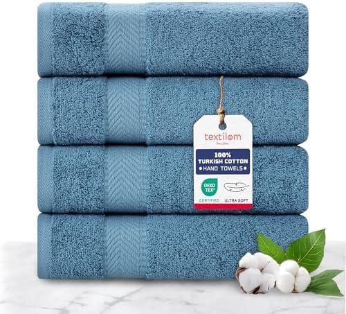 TEXTILOM 100% Turkish Cotton 4 Pcs Hand Towel Set, Luxury Hand Towels for Bathroom, Soft & Absorbent Bathroom Hand Towels Set (16 x 28 inches)- Blue