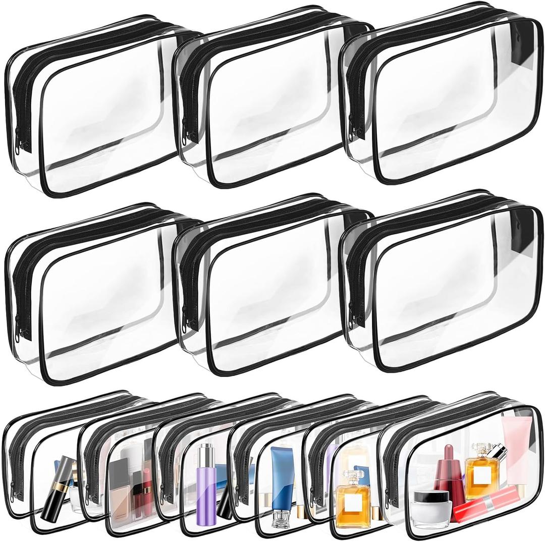 AURUZA Clear Makeup Bag,Portable Travel Toiletry Bags with Zipper, TSA Approved Clear Organizer Bags, PVC Cosmetic Pouch for Airport Airline Compliant (12 Packs Black)