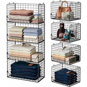 Jakyitvi 4-Tier Extra Height Stackable Closet Organizer  Foldable Storage Bins for Sweaters, Jeans, and Clothes  Sturdy Iron Mesh Shelves for Neat and Efficient Closet Storage  Black