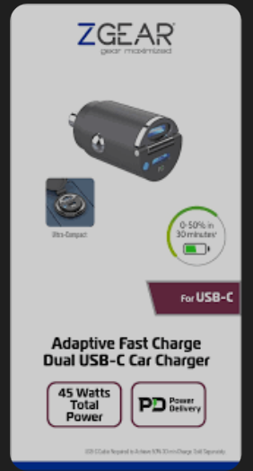 Zgear 45 Watt Dual USB-C Car Charger
