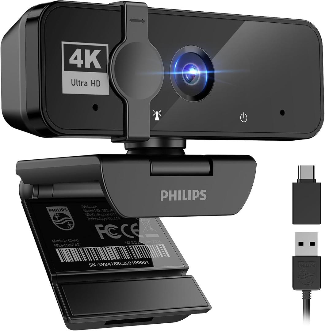 Philips 4K Webcam for PC with Microphone, Computer Camera for Meetings with Privacy Cover, Plug & Play USB Web cam for Laptop, Desktop, Zoom, Teams, Skype, Video Conferencing, Streaming - Black