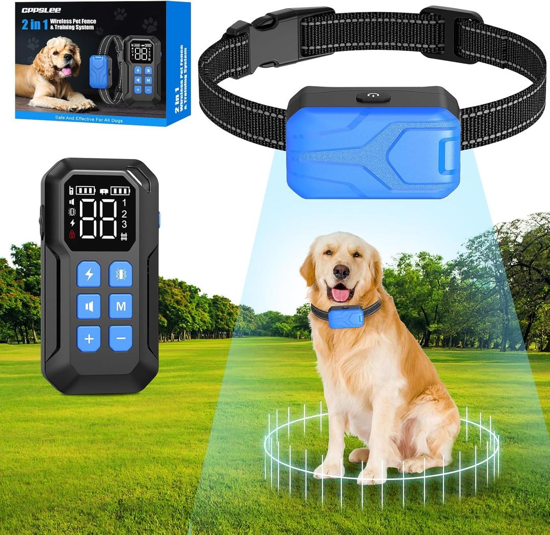 CPPSLEE Wireless Fence for Dogs, Electric Dog Fence, Wireless Dog Fence, Electric Fence for Dogs, 2 in 1 Wireless Dog Fence System and with Waterproof Dog Training Collar