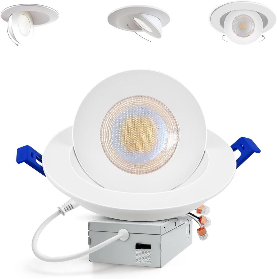 Adetu 6 inch 5CCT Gimbal Led Recessed Lights, 360°+90° Adjustable Directional Recessed Lighting, 2700K/3000K/3500K/4000K/5000K Dimmable Remodel Eyeball Canless Downlight with Jbox, ETL (White,4 Pack)
