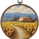 XBBMGG Farmhouse Scenery Sunflower Wall Art Decor, Rustic Cottagecore Flowers Round Wall Hanging Decor, Retro Floral Framed Canvas Prints for Living Room Bathroom Decorations,10x10inch