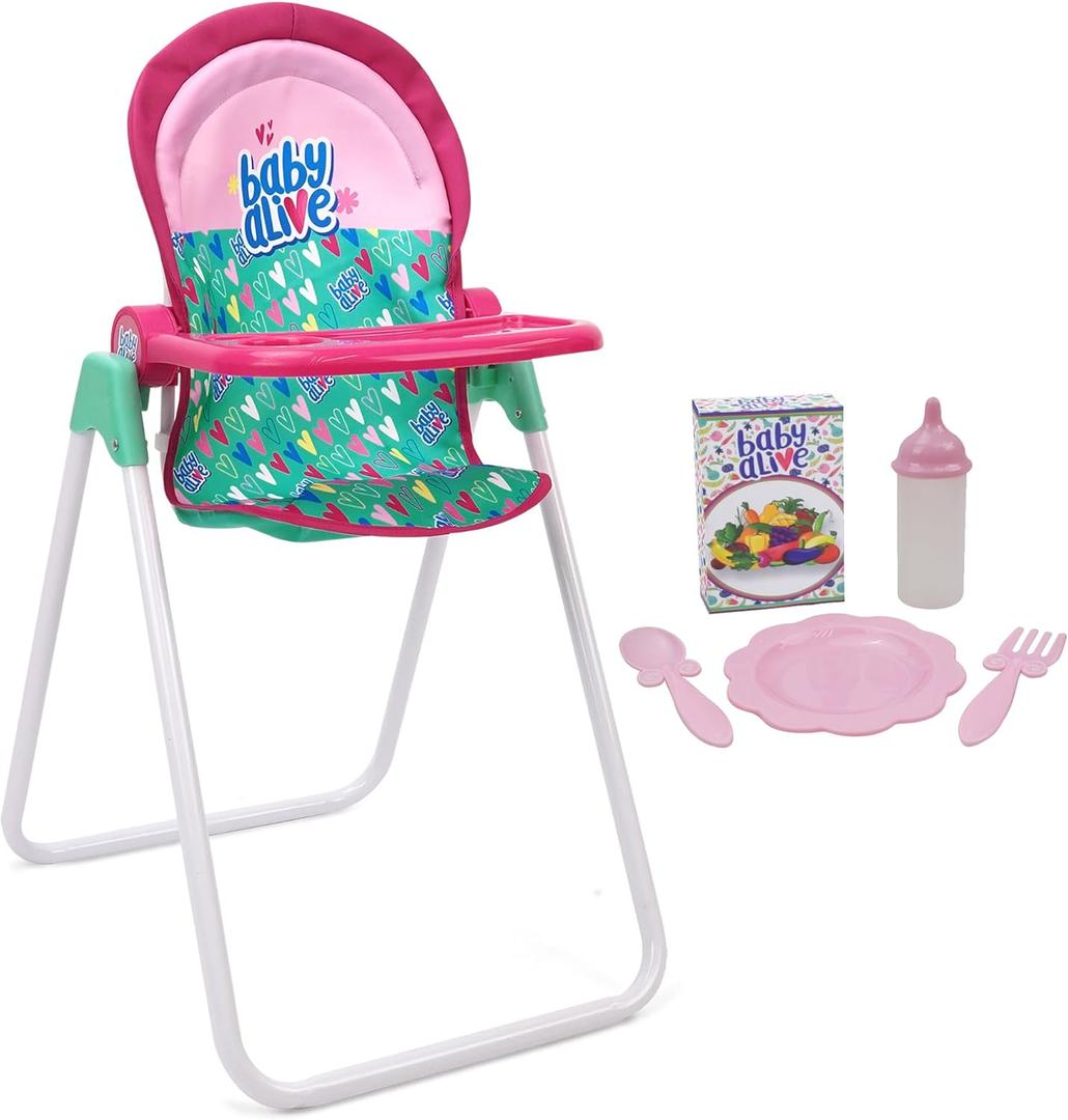 Baby Alive: Doll Highchair Set - Green, Pink, Hearts - for Dolls Up to 24", 5 Matching Feeding Accessories, Rotating Seat, Folding, Kids Toy Ages 3+