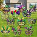 12 Pcs Mardi Gras Yard Sign with 24 Stakes Mardi Gras Outdoor Decorations Mask Cutout Props Masquerade Party Waterproof Gift Carnival Yard Lawn Decor for Walkway Garden Holiday Decoration