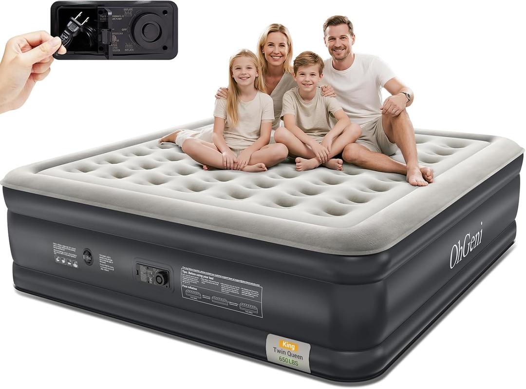 OhGeni King Air Mattress Family Choice Award with Built-in Pump,18'' Comfortable Blow Up Colchones Inflables Mattress for Home, Guests, Portable Air Bed for Adults, Airbed Supports Up to 650 lbs ,Black (80 x 76 x 18)