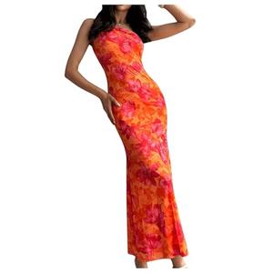 GORGLITTER Women's Asymmetrical Sunset Dress One Shoulder Summer Wedding Guest Going Out Floral Long Sundress Orange M