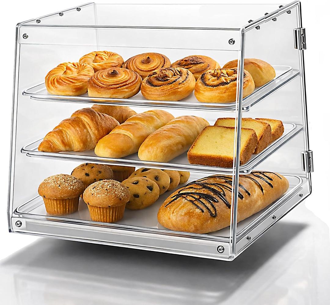 Joymaney 3 Tier Pastry Display Case | Countertop Bakery Display with Secure Magnetic Doors, Helps Keep Cakes & Desserts Fresh, Clear Acrylic, Sturdy No-Flex Design for Cafes & Home Use
