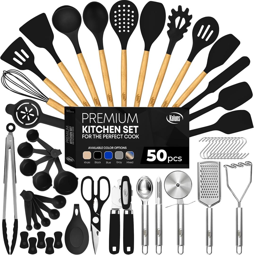Kaluns 50 PCS Silicone Kitchen Utensils Set Complete Kitchen Set - 800F Heat Resistant Non-Stick Premium Cooking Utensils W Wooden Handles - Can Opener, Masher, Turner, Silicone Spatula Set (Black)