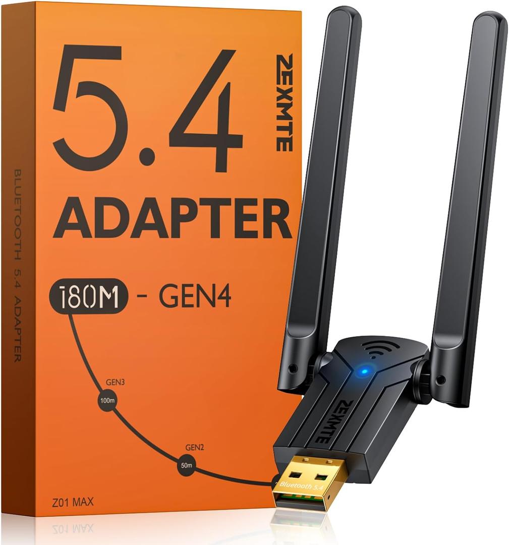 ZEXMTE 5.4 USB Bluetooth Adapter for PC, Plug & Play Bluetooth Transmitter & Reciver, EDR & BLE, High Gain Antenna, 590FT / 180M Long Range for PC Windows 11/10/8