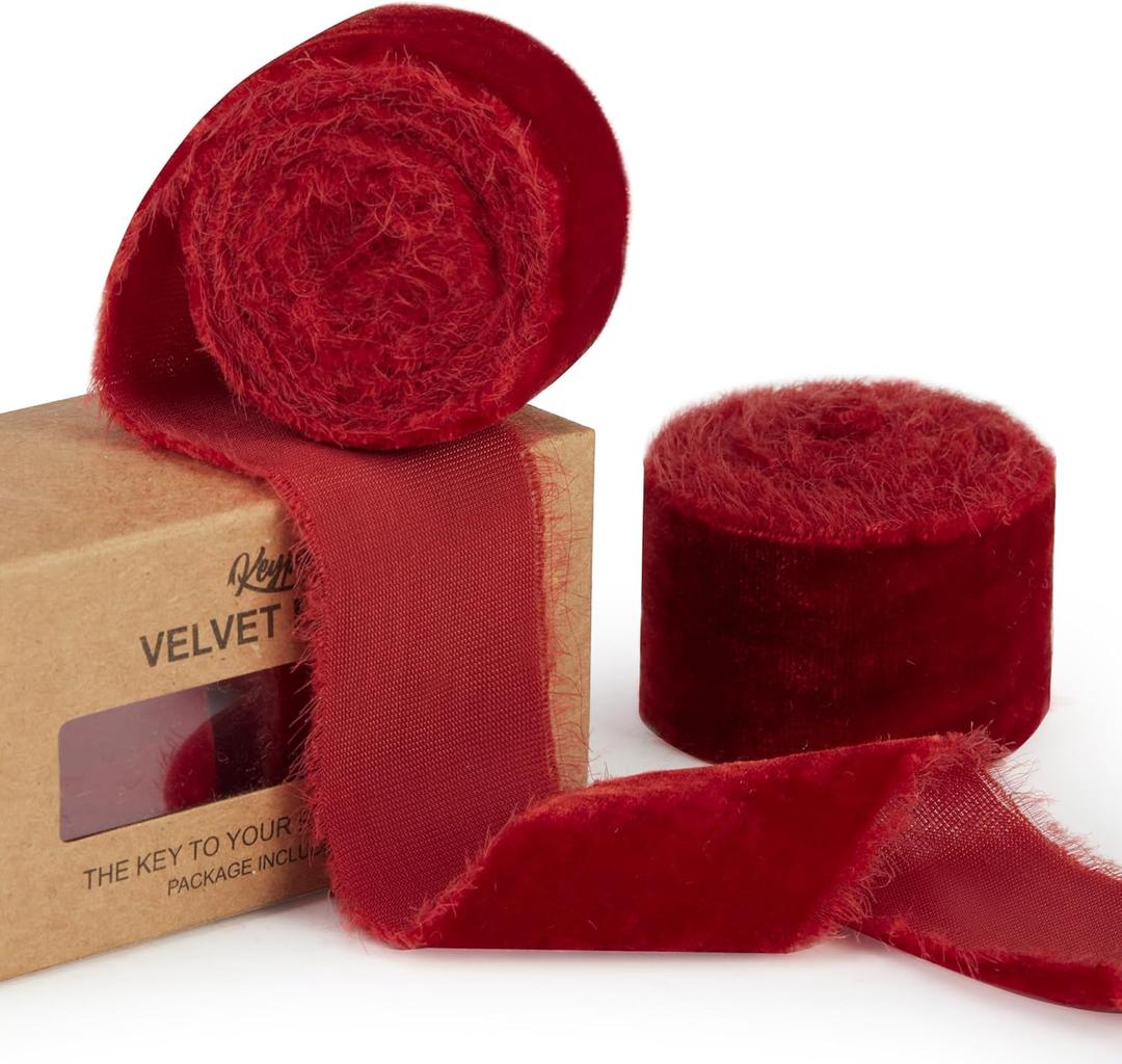 Red Velvet Ribbon for Christmas Tree - 1 1/2 inch Wide Handmade Fringe Fabric Ribbons for Gift Wrapping, Baby Shower, Flower Bouquet (Red)
