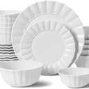 Dinnerware Sets, 24 Piece Porcelain Plates and Bowls Sets Service for 6, Ceramic tableware, Modern Bone China Dish Sets, Wavy Pattern (White)