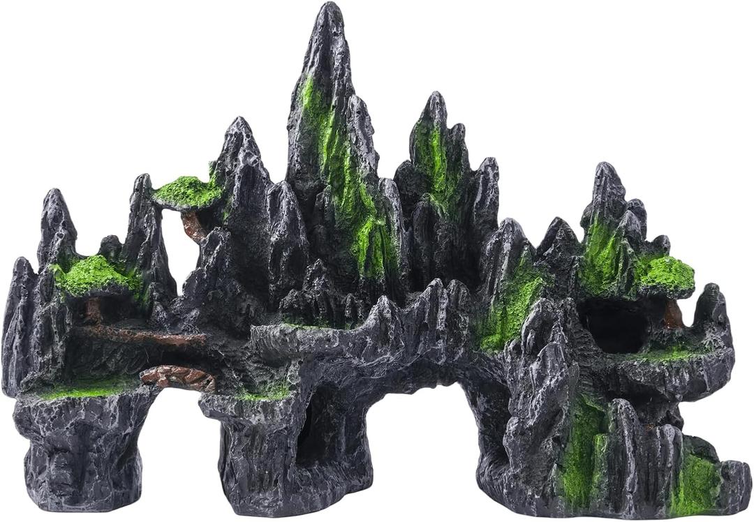 SiissaPeksid Large Fish Tank Decorations  Mountain View Aquarium Ornament with Tree House Cave Bridge,Large