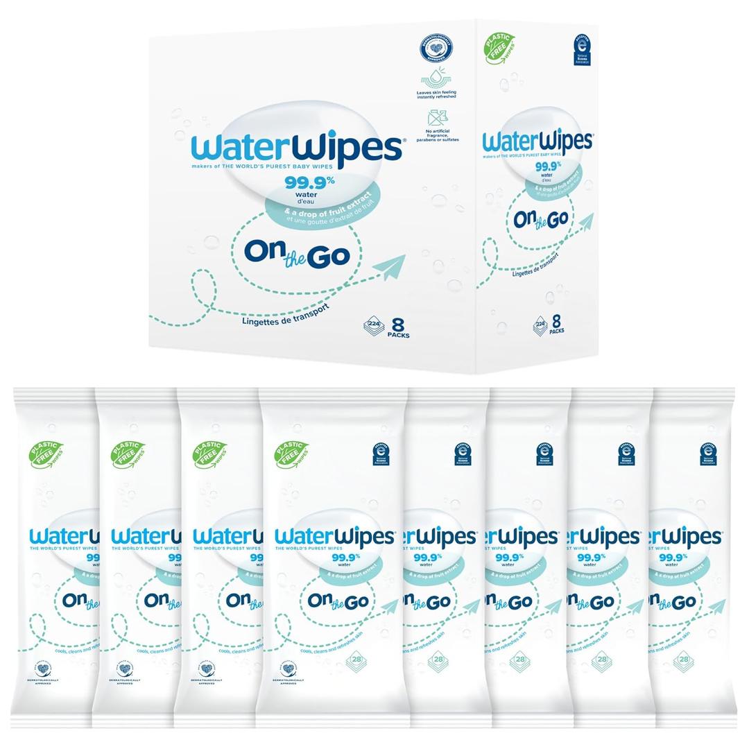 WaterWipes On The Go Wipes, 99.9% Water-Based Wipes for Travel, Sports, and to Refresh Skin, Unscented & Hypoallergenic, 224 Count (8 Packs), Packaging May Vary