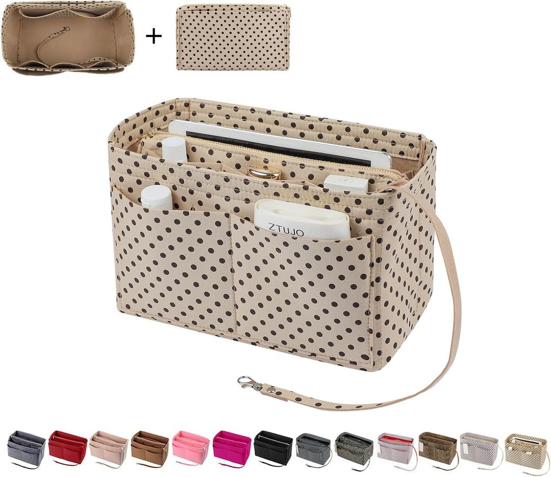 ZTUJO Purse Organizer Insert, Felt Bag Organizer with Metal Zipper, Handbag & Tote Shaper, For Speedy Neverfull Tote, 7 Sizes (Slender Large, Brown polka dots Beige)