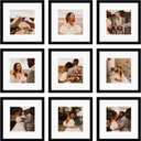 12x12 Picture Frame Set of 9, Display Pictures 8x8 with Mat or 12x12 without Mat, Multi Collage Gallery Square Photo Frames for Wall or Tabletop, Black