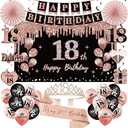 18th Birthday Decorations for Girls, 33pcs Black Rose Gold Happy 18th Birthday Banner 18 Birthday Crown and Sash Balloons Backdrop Hanging Swirls Paper Fans, 18 Years Old Party Supplies Kit