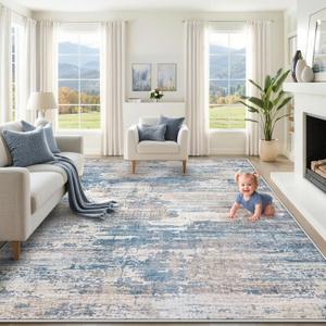 XLUEZ 8x10 Area Rugs for Living Room, Washable Modern Abstract Large Area Rug Neutral Soft Non Slip Kids Rug Stain Resistant Indoor Carpet for Bedroom Nursery Dining Room Playroom(BlueBeige)