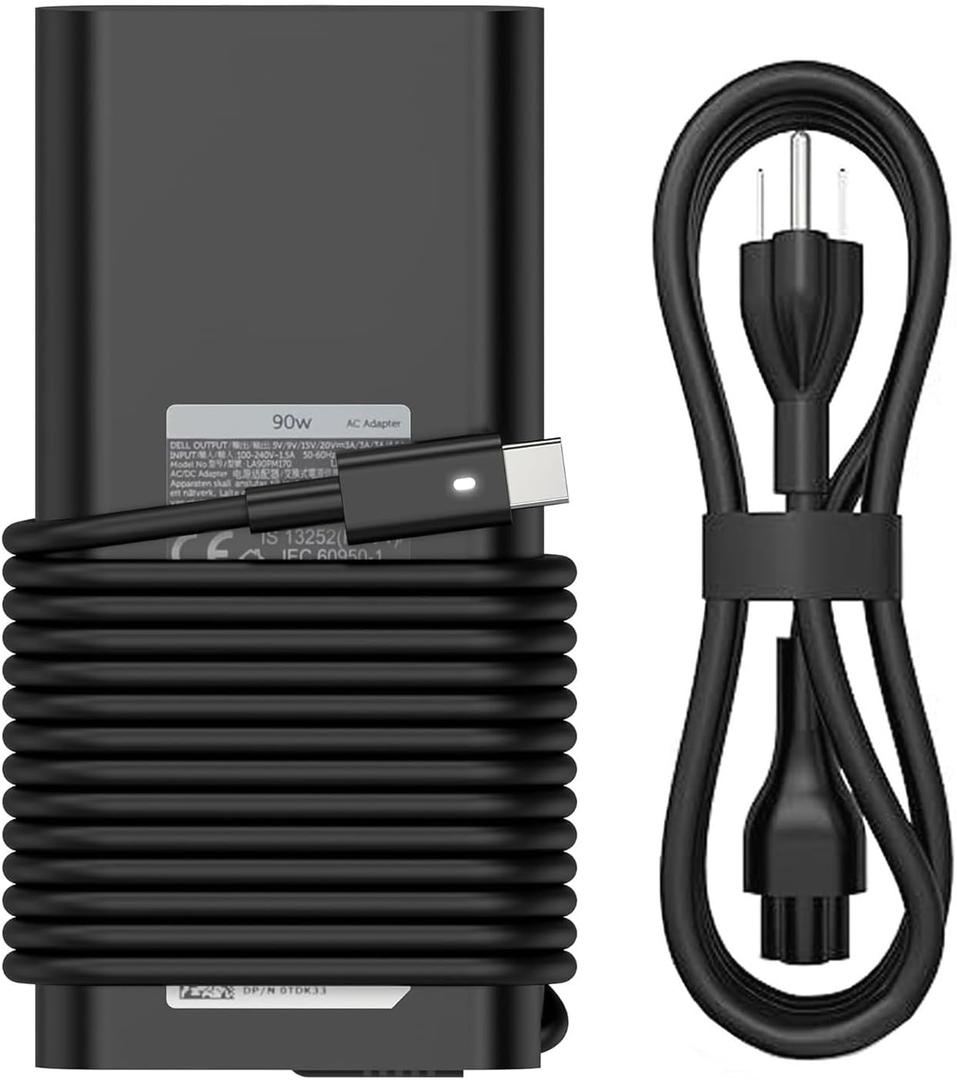90W USB C Laptop Charger for Dell XPS 13 9365 9360 9370 XPS 15 9500 Latitude7389 7390 7400 3400 3500 5289 5300 2in1 DA90PM170 LA90PM170 Fast Charger Type C AC Adapter Power Cord (90W USB C)