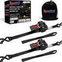Retractable Ratchet Straps (2-Pack) - Heavy Duty Auto Slow Retraction Tie Down Straps - 1 Inch x 13 Feet (1,800lb Break Strength) for Truck, Cargo Trailer, Motorcycle, ATV, UTV - Black