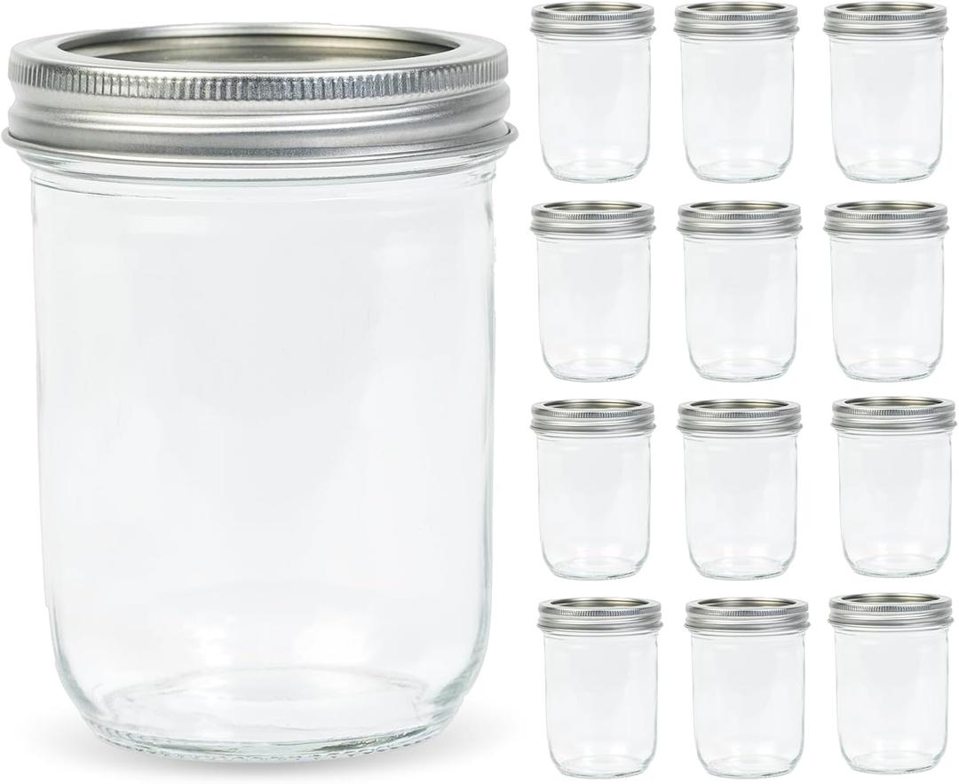 12 Pack 16 oz Wide Mouth Clear Mason Jars with Silver Metal Lids, Canning Jars for Overnight Oats, Food Storage, Dry Food, Snacks, Candies and More