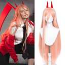 LABEAUT Orange Cosplay -Power Wig + Horns for Women Girls Long Straight Ginger Anime Hair Wigs with Bangs + Cap