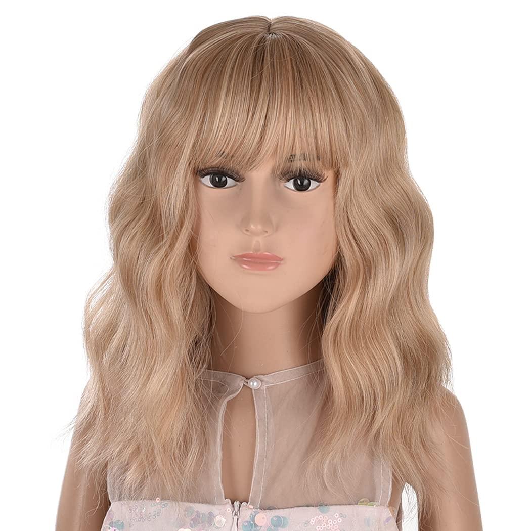 Kids Blonde Wig, Short Wavy Blonde Child Wig With Bang Synthetic Halloween Cosplay Blonde Hair Wigs for Kids Girl