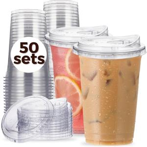 20 oz Clear Plastic Cups with Strawless-Sip-Lids, 50 Sets Disposable Cups Plastic Iced Coffee Cups, To Go Cups with Sip Through Lids for Smoothie, Milkshake, Cold Drinks for Party, Wedding, Event