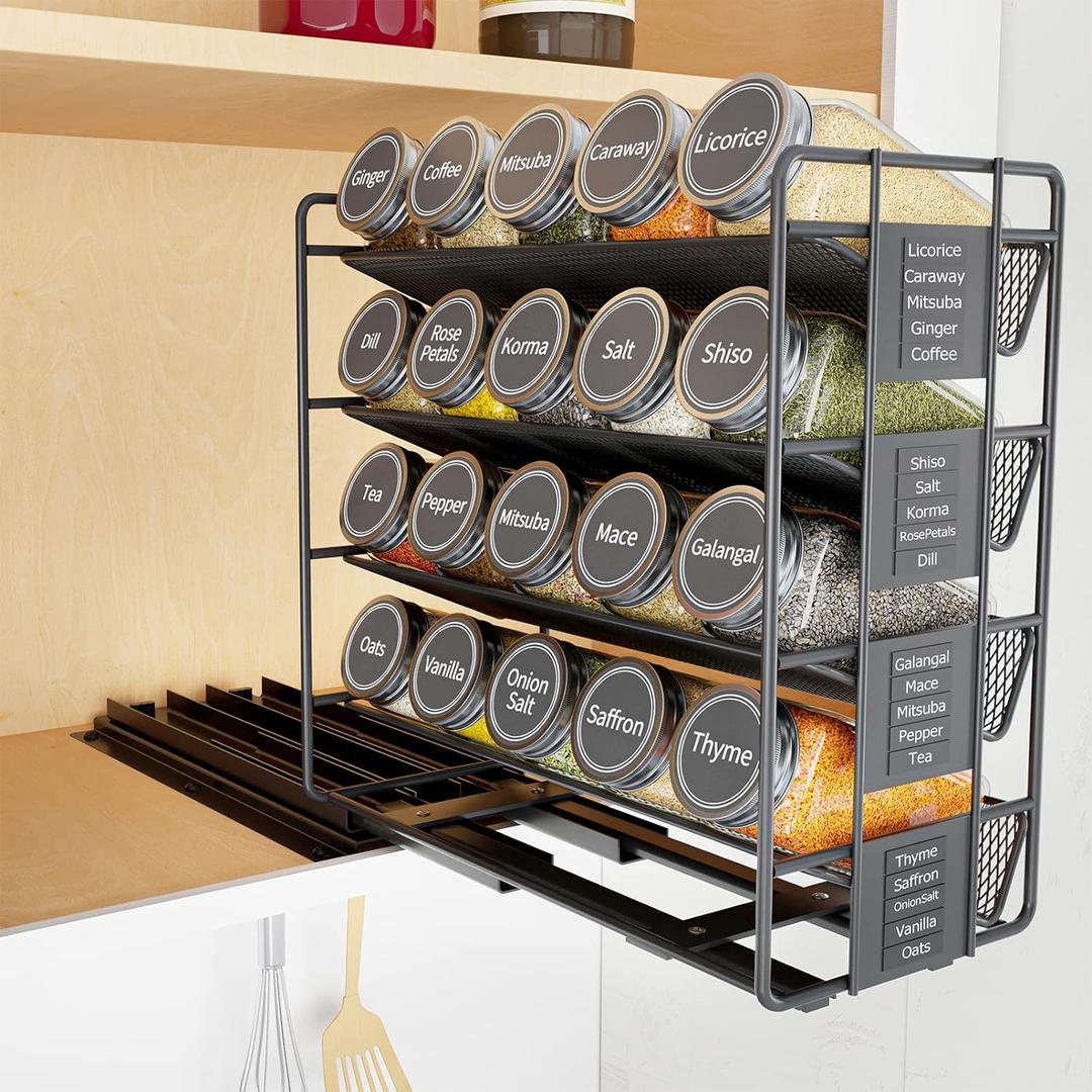 SpaceAid Pull Out Spice Rack Organizer with 20 Jars, Heavy Duty Slide Out Seasoning Organizer for Kitchen Cabinets, with 801 Labels and Chalk Marker, Left Facing