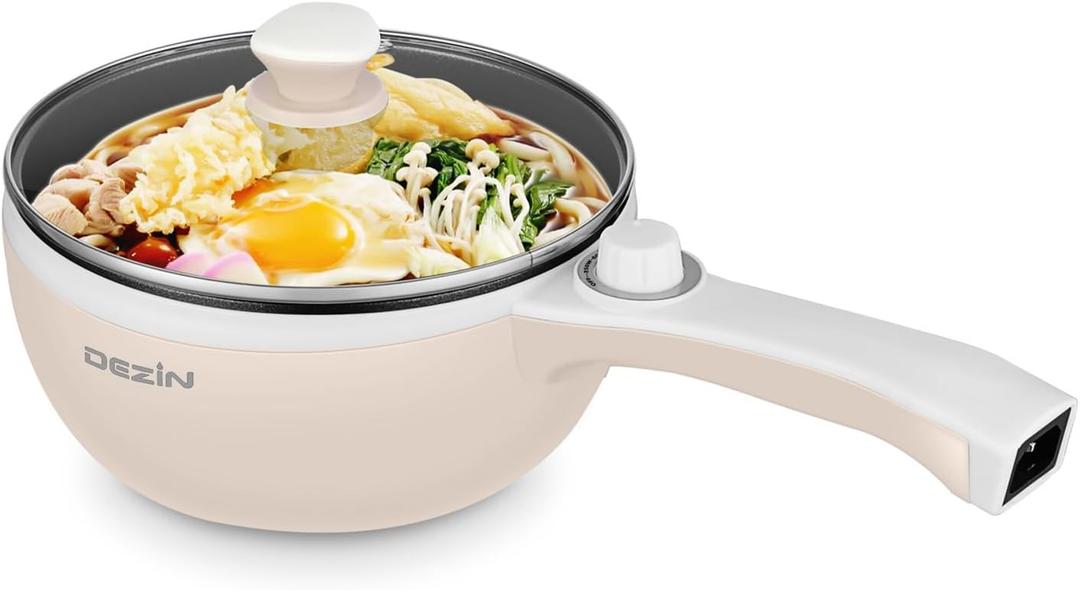 Dezin Hot Pot Electric Upgraded, Non-Stick Saut Pan, Rapid Noodles Electric Pot, 1.5L Mini Portable Hot Pot for Steak, Egg, Fried Rice, Ramen, Oatmeal, Soup with Power Adjustment (Beige)