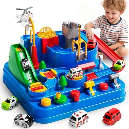 Siwuoke Toys for 3 Year Old Boys, Large City Adventure Car Race Track for Toddlers, STEM Montessori Playset & Helicopter, Educational Learning Toy, Birthday Christmas Grandkids Gifts, Missing Cars