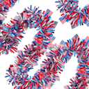 4 Pack 26.4 ft Red White Blue Patriotic Tinsel Garland with American Flags, Metallic Foil Fringe Banner Streamers for 4th of July, Memorial Day, Veterans Day, Independence Day, and Parade Decorations