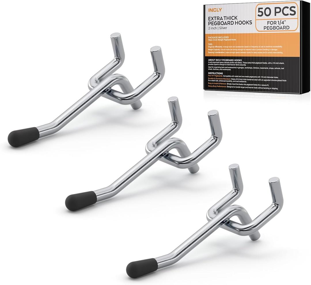INCLY 50 Pack 2 Inch Pegboard Hooks, 1/4" Heavy Duty Peg Board Hooks Accessories with Rubber Tipped, Peg Board Tool Hangers Fit 1/4" Pegboard for Hanging Tools Garage, Craft Room, Kitchen, Store