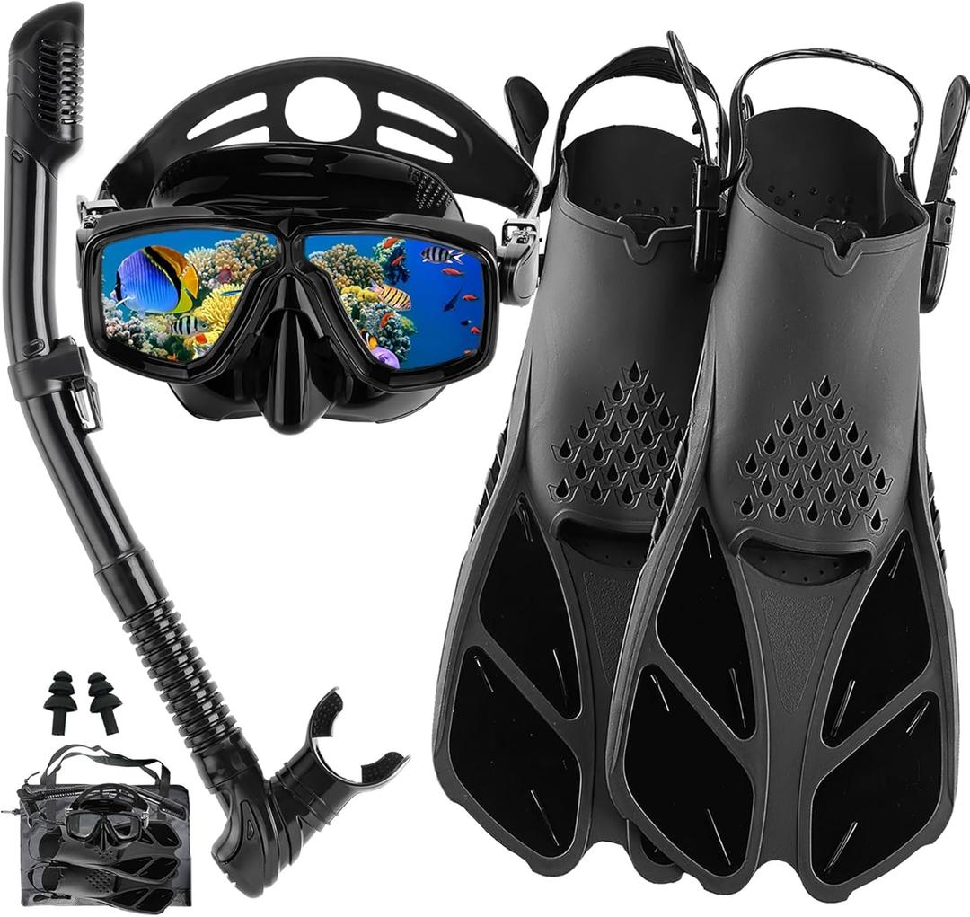 Snorkeling Gear for Adults with Fins Scuba Diving Gear Adult Professional Travel Snorkel Sets with Flippers,Anti-Fog Anti-Leak Diving Mask (US Men 4-8.5 | US Lady 6-9.5, Solid Black)