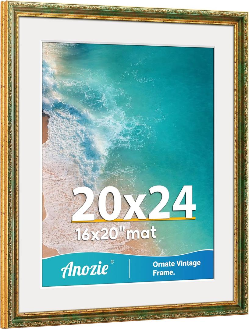 Vintage 20x24 Picture Frame, Antique Gold Photo Frames with Plexiglass Front,Ornate 20x24 Frame Display 16x20 with Mat or 20 x 24 Picture Frame Without, Wall Dcor,1 Pack,Green