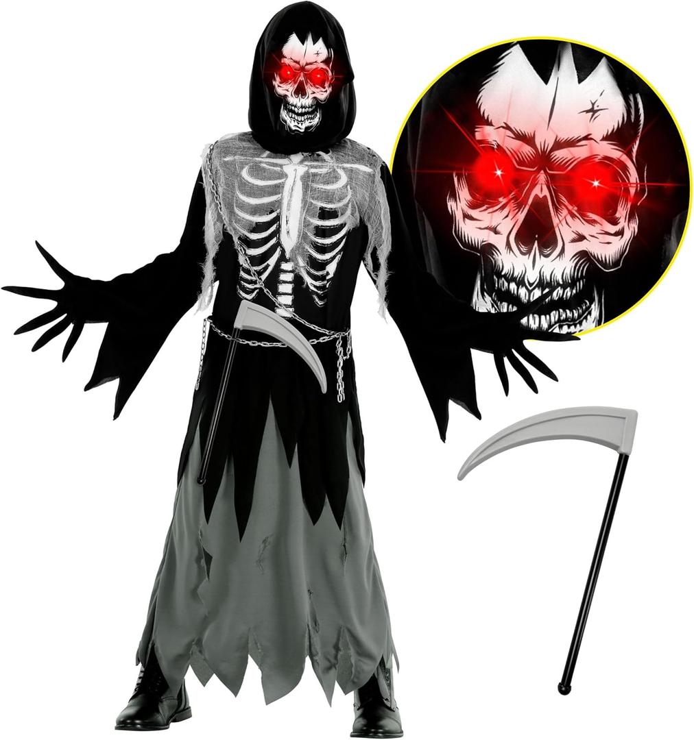 Morph Kids Light Up Grim Reaper Costume - Scary Halloween Outfit with Grim Reaper Scythe for Kids (Medium)