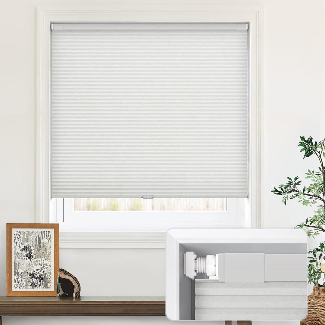 LazBlinds Cordless Cellular Shades, No Tools No Drill Light Filtering Honeycomb Shades Pleated Blinds for Windows, 27'' W x 48'' H, Light Grey (27'' W x 48'' H, Light Filtering-light Grey)
