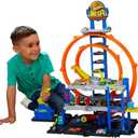 Hot Wheels Toy Car Track Set with Die-Cast Car & Helicopter, 2 Loops, Storage for 36 1:64 Scale Vehicles, Speed Snap Adapters, Mega Loop Garage, Large