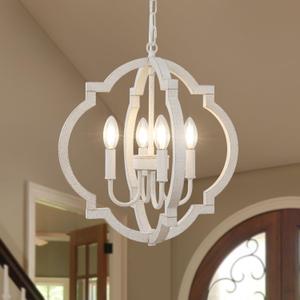 LynPon 16" White Farmhouse Chandelier, 4 Lights Rustic Wooden Chandeliers Distressed Orb French Country Pendant Light Small Hanging Light Fixtures for Kitchen Living Dining Room Foyer Entryway