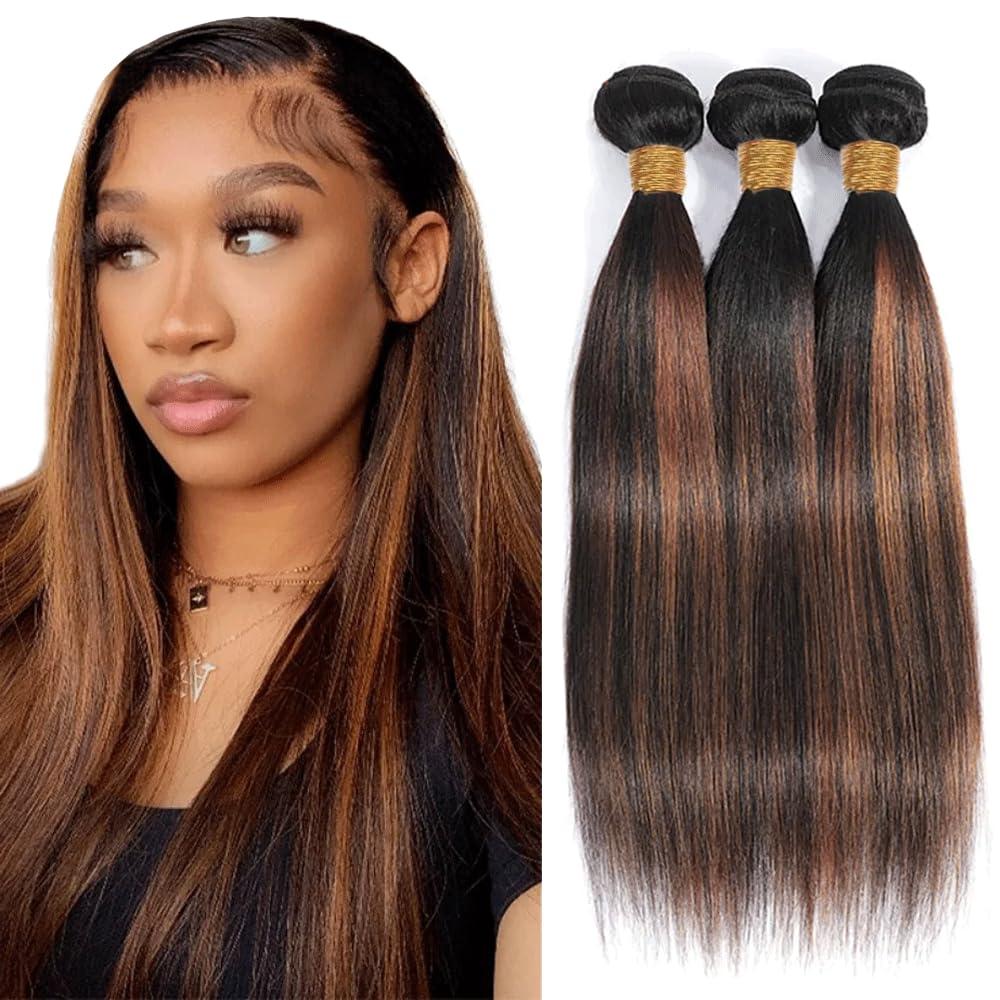 2FD P1B30 Highlight Straight Human Hair Bundles - Brown, Two Tone Black Mix, 8 Inch, Ombre