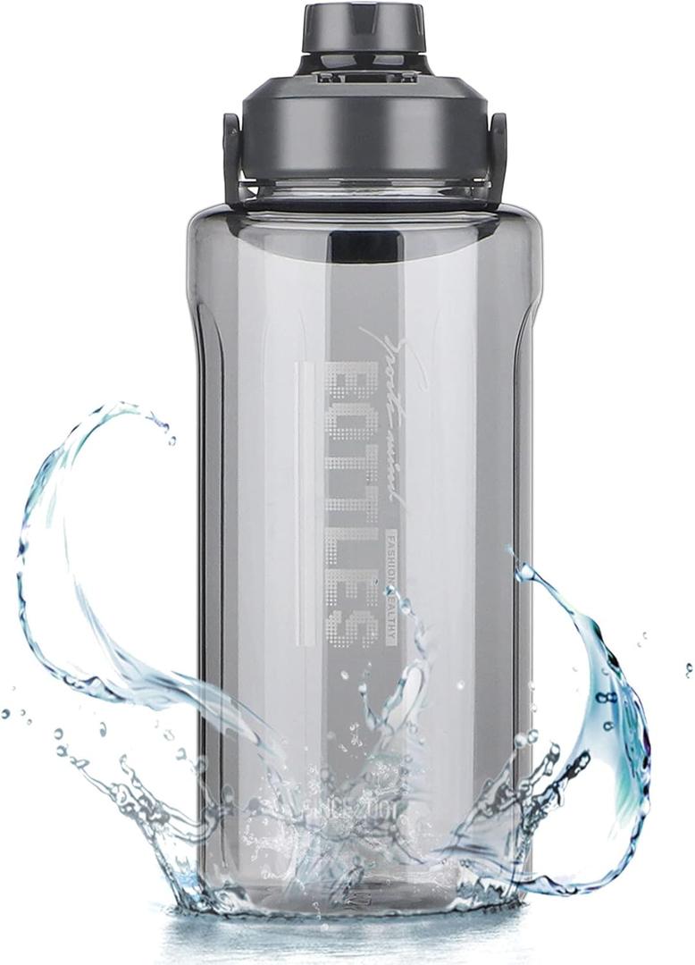 Half Gallon/64oz Water Bottle With Handle, Leak proof with removable strainer, BPA Free Fitness 2L Sports Water Jug, ensure You Drink Enough Water Daily for Gym and Outdoor Sports (Grey)
