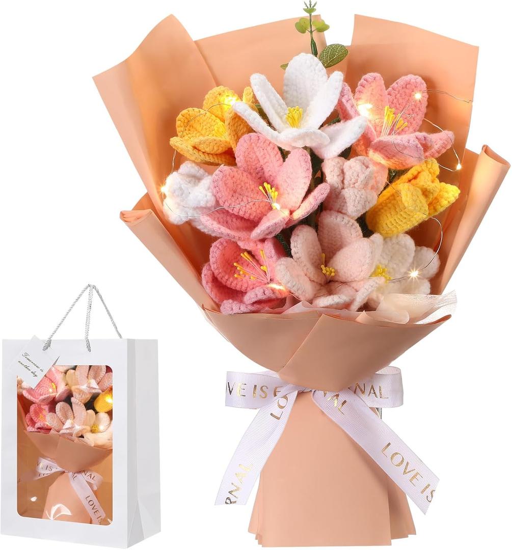 Mothers Day Crochet Flowers Bouquet Gift Completed Handmade Knitted Flowers with LED Lights Tulips Bouquet Gift for Mother Day Women Birthday Graduation Wedding Home(Pink White Yellow)