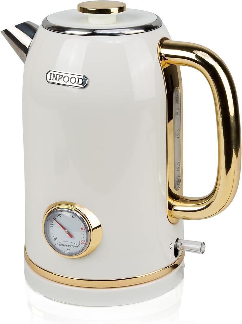 Retro Electric Kettle, 2L / 67oz Hot Water Kettle Electric with Thermometer, 1200W Fast Heating Stainless Steel Tea Kettle for Boiling Water, Cordless, LED Indicator, Auto Shut-Off, White Gold